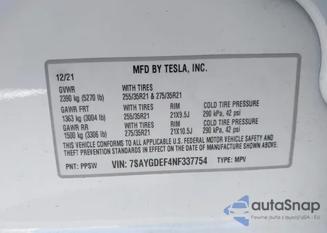 2022 Tesla Model Y Performance Dual Motor All-Wheel Drive z USA, uszkodzony, nr VIN 7SAYGDEF4NF337754